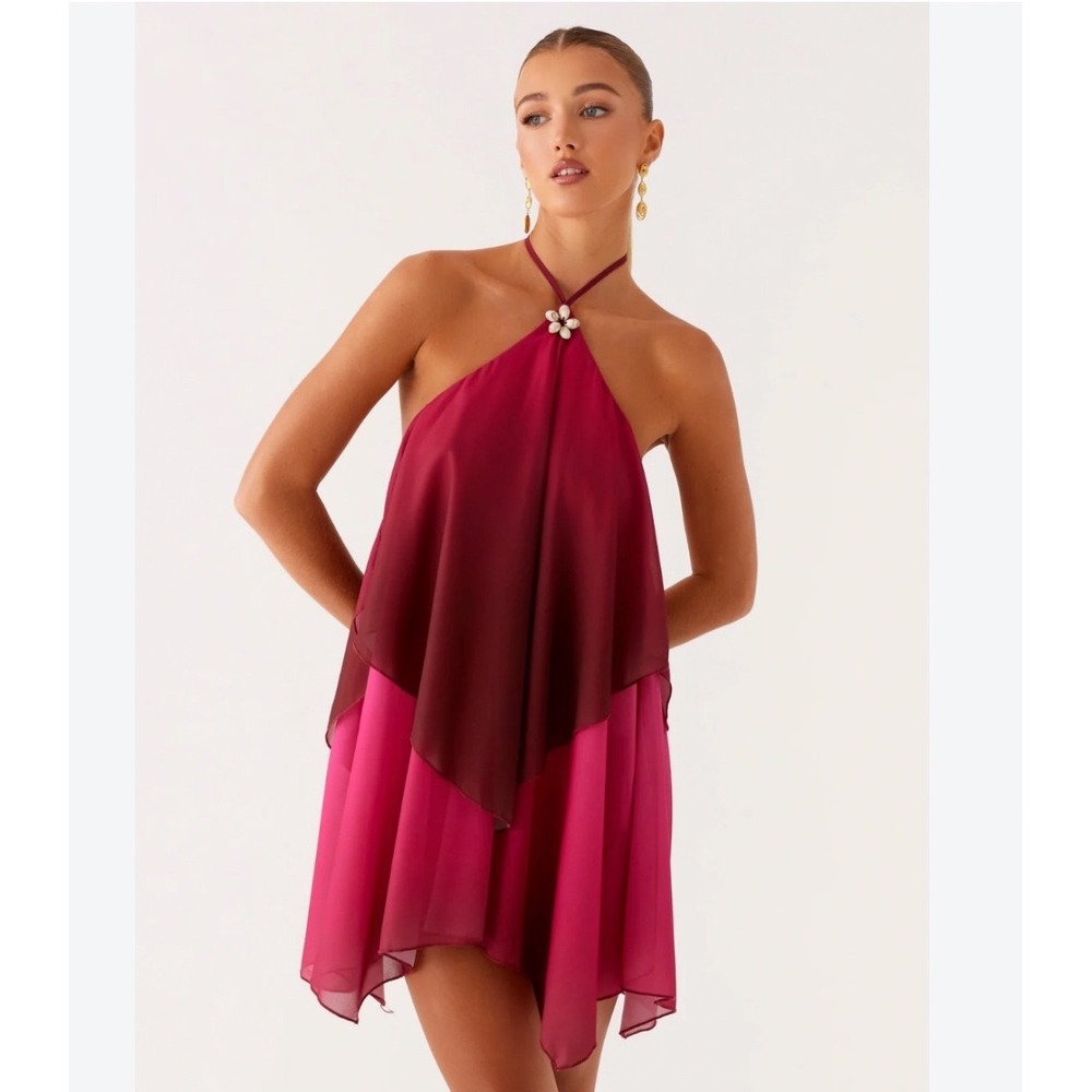 Peppermayo Burgundy Pink Halter Mini Dress Shell Detail Handkerchief Hem XS US 2